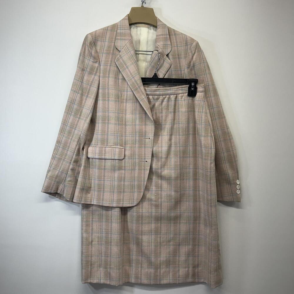 Christian Brooks Skirt Suit Womens 10 Beige Plaid Tweed Wool Tailored 2-Piece